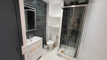 Douche, serviettes fournies, papier toilette