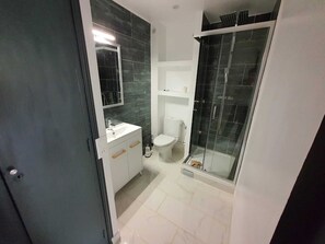 Shower, towels, toilet paper