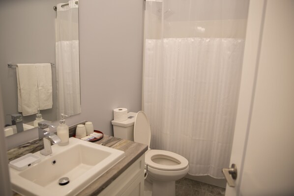 A bathroom with a sink, toilet, and shower curtain.