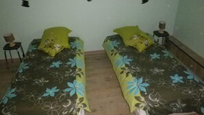 Een kamer met twee eenpersoonsbedden, elk voorzien van een bloemenprint beddekleed en een groene kussen. Twee kleine nachtkastjes met lampen, en een kleine plant aan de muur.