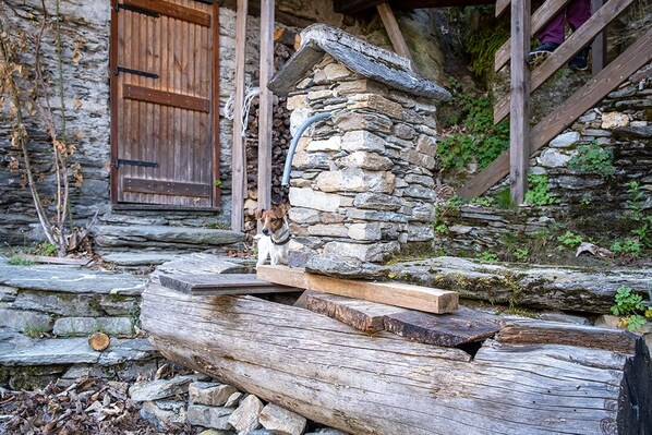 A rustic stone house with a wooden door, a stone chimney, and a doghouse with a dog inside. - Stone mountain home  (salza di pinerolo)