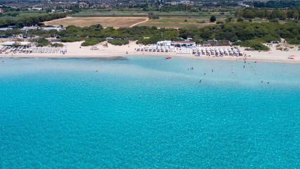 An aerial view of a beach with clear turquoise waters, a sandy shore, and several beach umbrellas and sun loungers. - 2251 Appartamento Sara by Barbarhouse (Gallipoli)