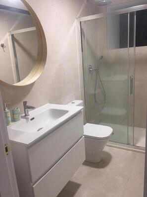 Shower, hair dryer, towels, toilet paper
