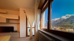 Ein Zimmer mit großem Fenster, Heizkörper, Fernseher und einer Couch.