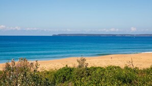 Una playa con agua azul cristalina, orilla de arena y vegetación verde al frente.