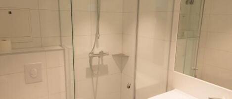 A modern bathroom with a glass-enclosed shower, a white toilet, and a vanity with a mirror.