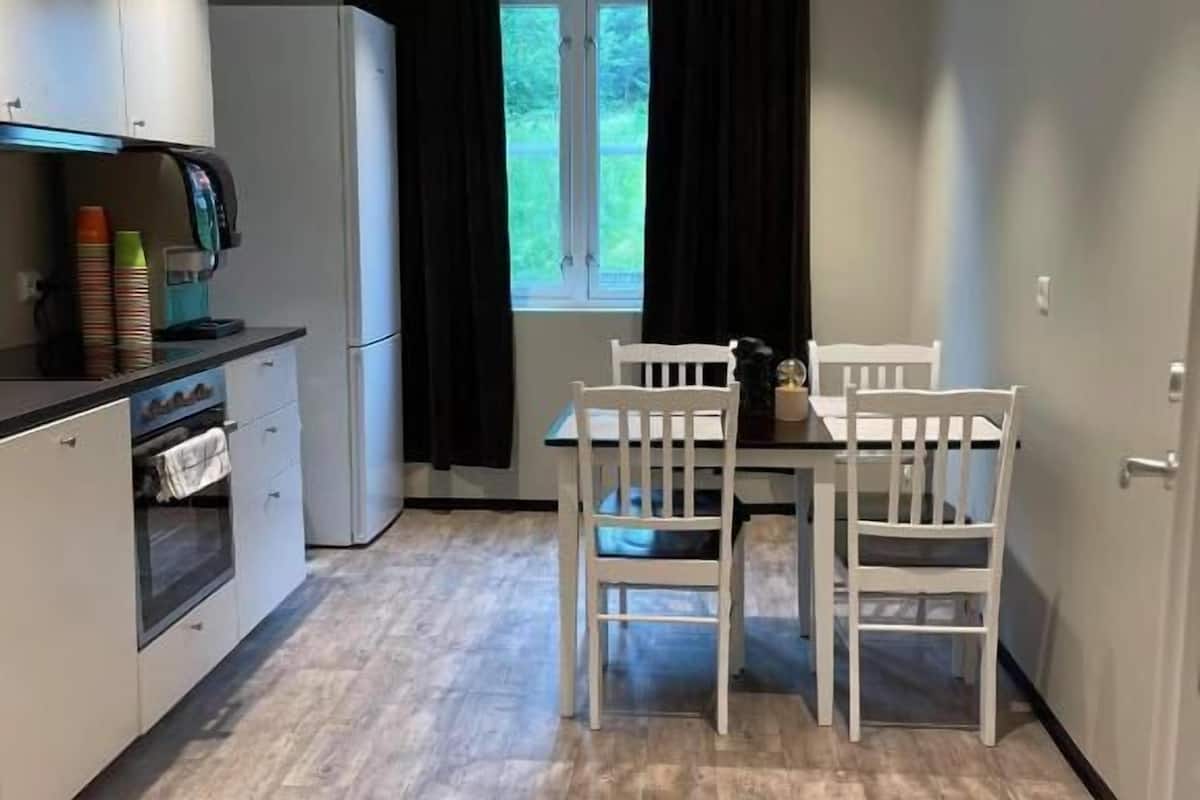 full-sized fridge, microwave, oven, dishwasher