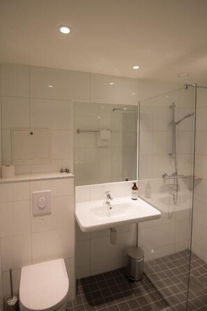 Shower, hair dryer, heated floors, towels