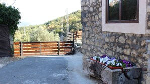 A stone building with a wooden gate, a window, and a flower planter.