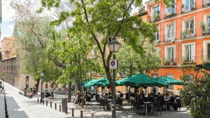 Un área de café al aire libre y soleada con mesas y sillas, rodeada de árboles y edificios.