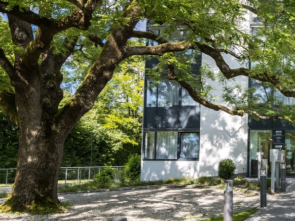 Un bâtiment moderne avec un grand arbre devant.