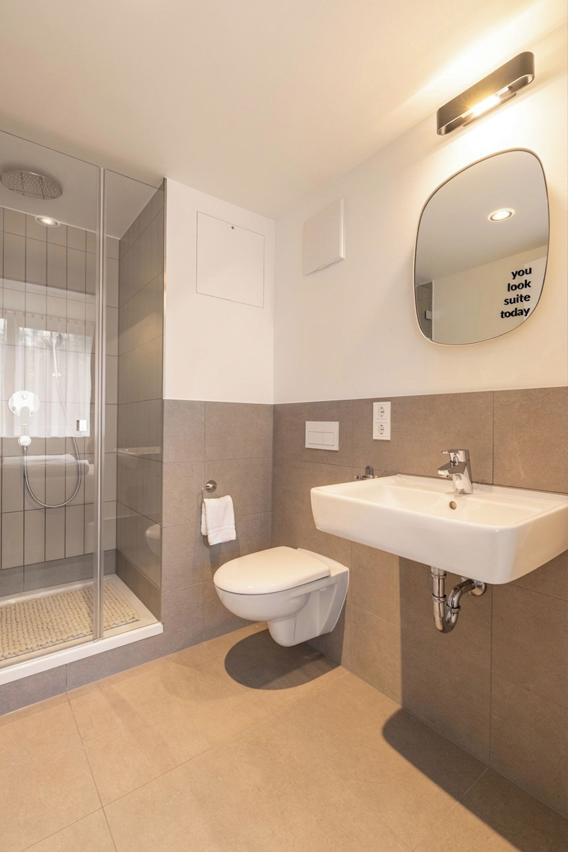 A modern bathroom with a glass shower enclosure, a white toilet, a sink with a mirror, and a wall-mounted light fixture.