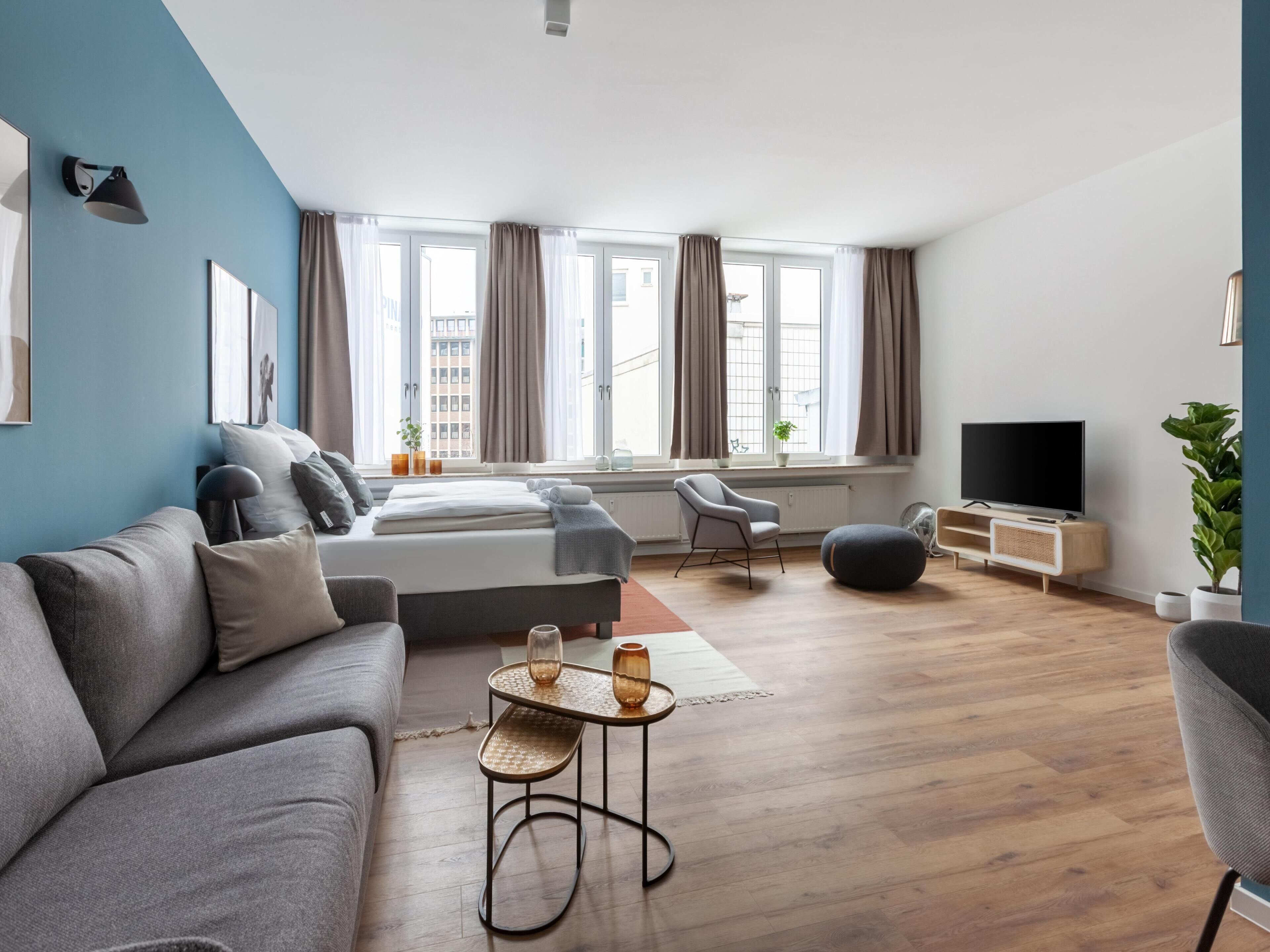 公寓, 1 张大床和 1 张沙发床 (Bremen Hutfilterstraße | Suite XL wit) | 起居区 | 智能电视