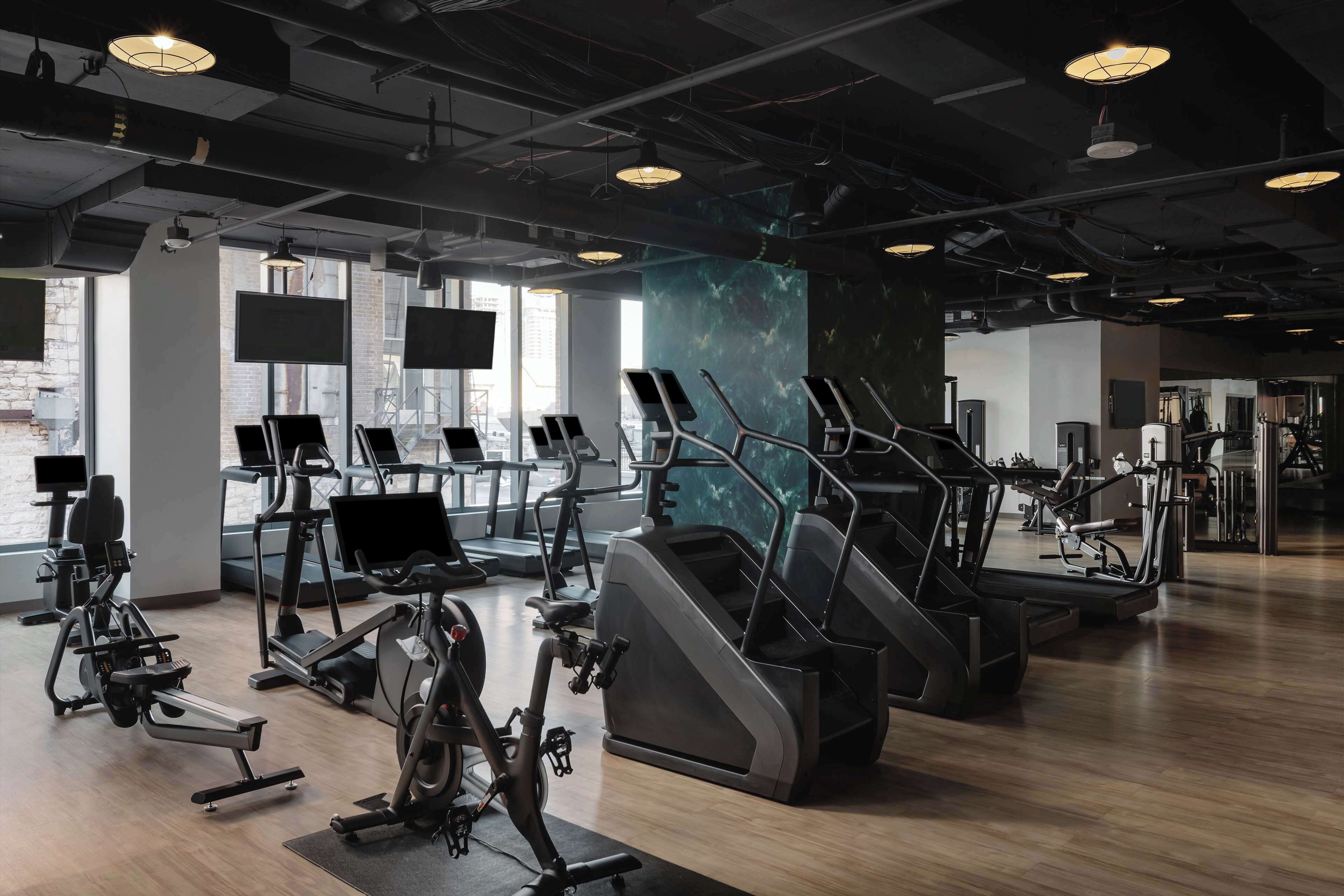 A modern gym with various cardio machines, large windows, and a clean, industrial design.