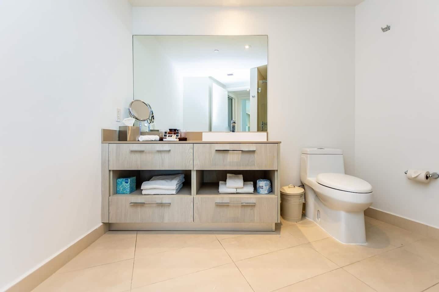 A modern bathroom with a wooden vanity, a mirror, and a toilet.
