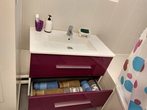 Bathtub, hair dryer, towels, toilet paper