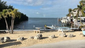 En småbåtshamn vid stranden med förtöjda båtar, palmer och ett sandigt område med stenar.