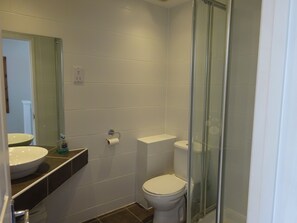 Shower, towels, soap, toilet paper