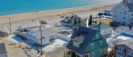 On the beach, sun-loungers