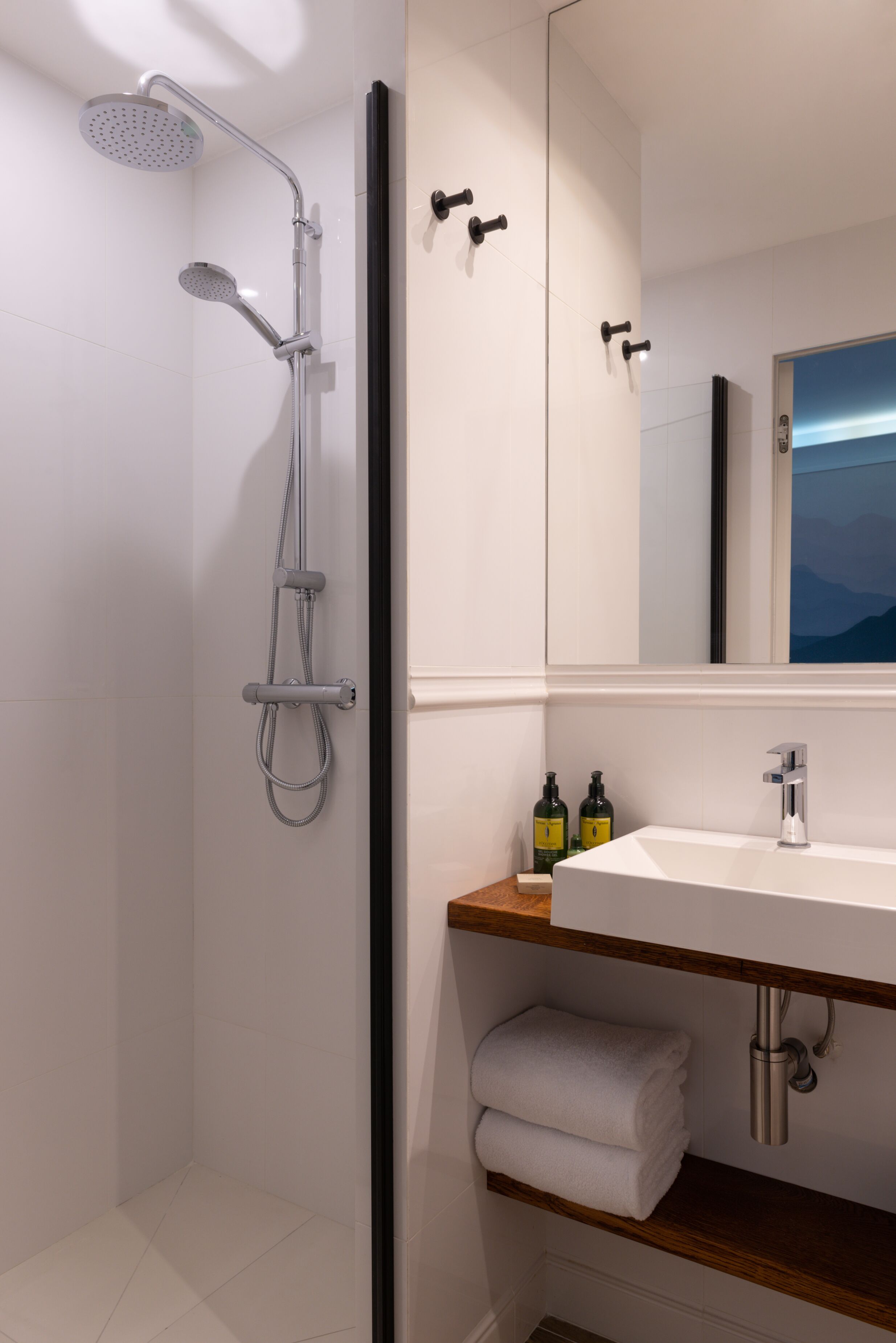 shower, rainfall showerhead, designer toiletries, hair dryer