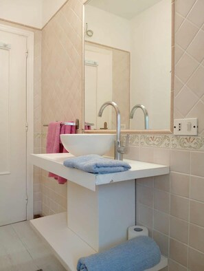 Shower, hair dryer, bidet, towels