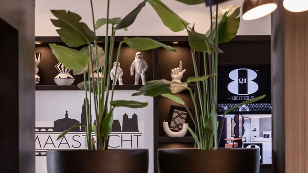 A modern hotel lobby with a large potted plant, a checkered chair, and a bookshelf with various items. - Gr8 Hotel Maastricht-Aachen Airport (Maastricht-Airport)