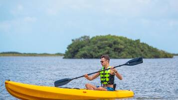 Una persona haciendo kayak en aguas tranquilas, con una pequeña isla al fondo.