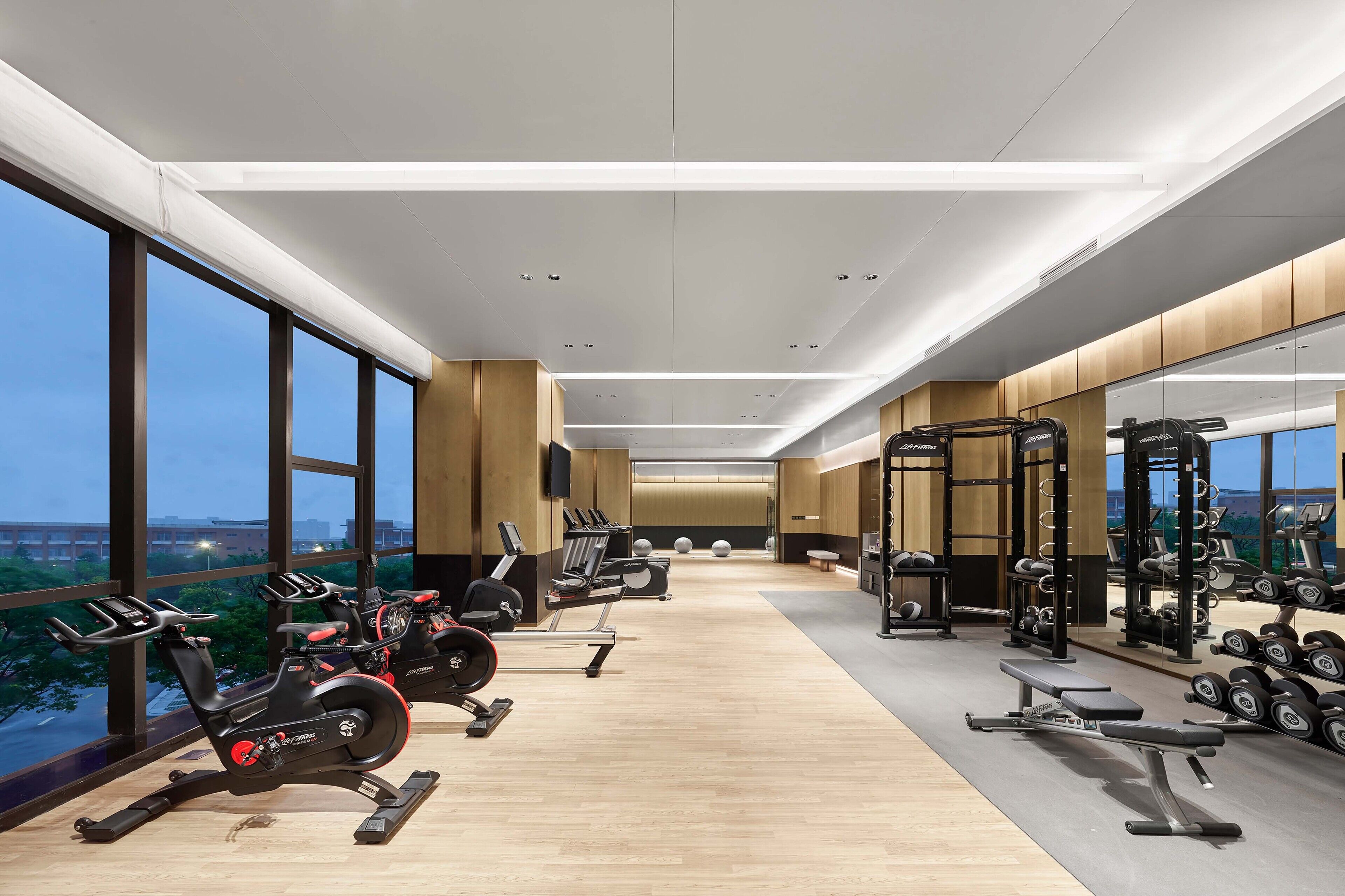 A modern gym with cardio equipment, weight machines, and free weights.