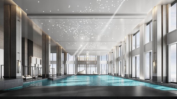 A spacious indoor swimming pool with a modern design, large windows, and a high ceiling with decorative lighting. - Hilton Jiaxing (Jiaxing)