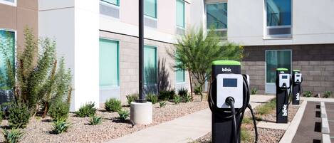 Electric vehicle charging stations in front of a modern building with large windows and a landscaped area with small plants and a pathway.