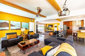 Smart TV, fireplace, DVD player, books