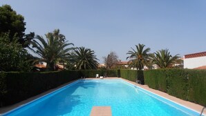 A rectangular swimming pool with clear blue water, surrounded by neatly trimmed hedges and palm trees. - Nice and relax Mediterranean villa with free wifi  (Miami Playa)