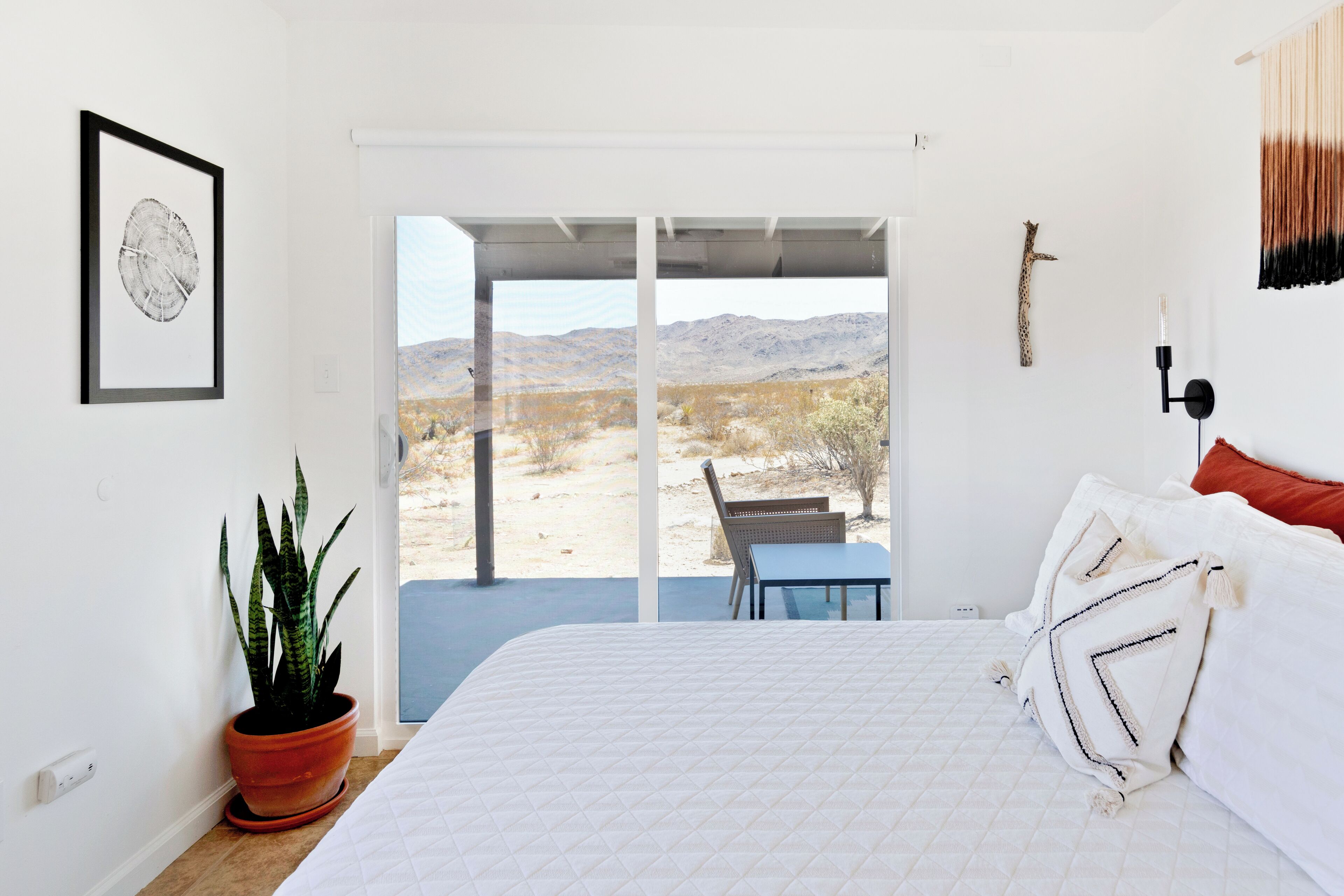 A bedroom with a bed, a potted plant, a framed picture, and a view of a desert landscape through a sliding door.