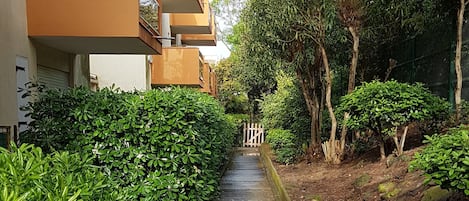 A narrow pathway flanked by lush greenery and a building with balconies.