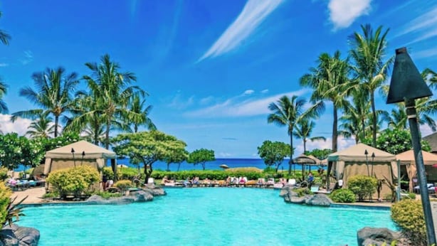 Un complexe hôtelier doté d’une grande piscine, de palmiers et offrant une vue sur la plage.