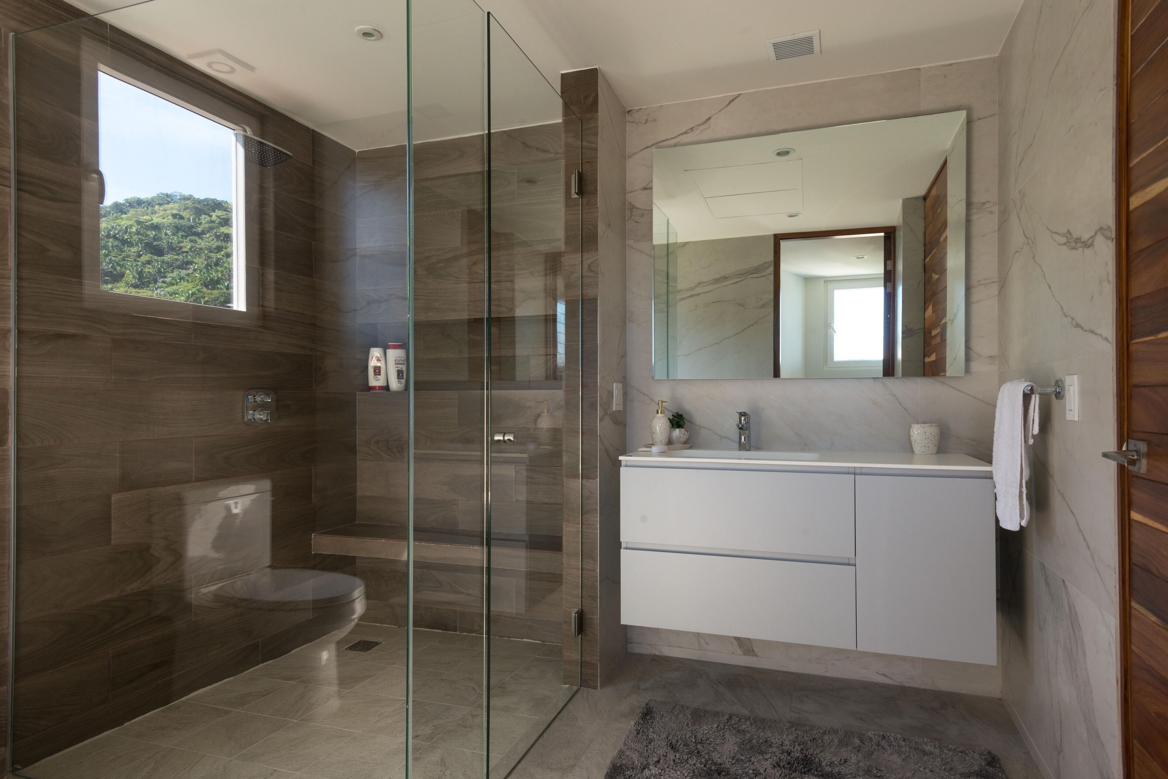 A modern bathroom with a glass-enclosed shower, a toilet, a vanity with a mirror, and a view of greenery outside.