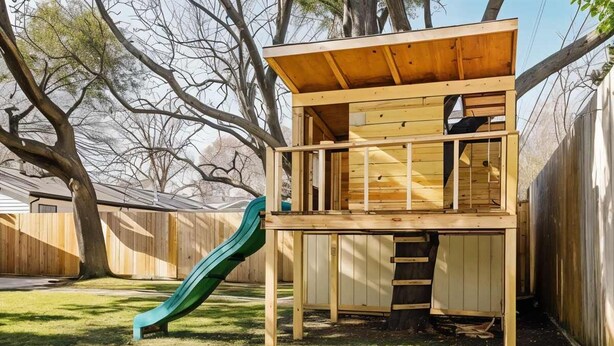 Une cabane en bois avec un toboggan, entourée d’une clôture en bois et d’arbres.