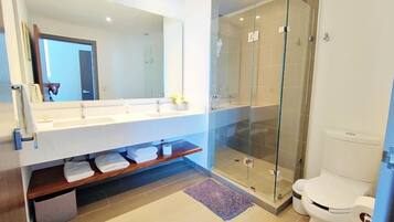 Shower, hair dryer, towels