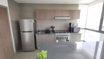 Fridge, microwave, oven, stovetop