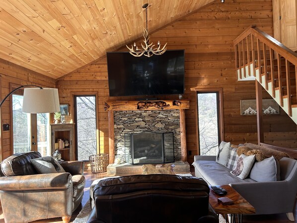 Smart TV, fireplace, video games, DVD player