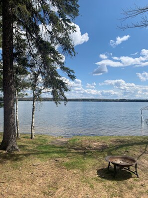 Une vue sur le lac, avec des bouleaux, un foyer en métal et un ciel dégagé.