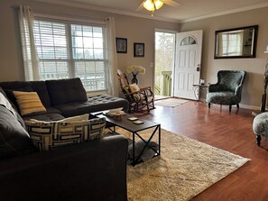 Smart TV, fireplace, books, printers