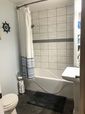 Combined shower/bathtub, hair dryer, towels, soap