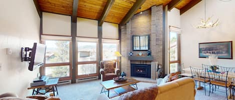 TV, fireplace, DVD player, books