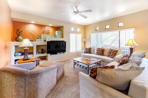 TV, DVD player, books, stereo