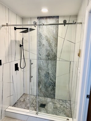 Combined shower/tub, jetted tub, hair dryer, towels