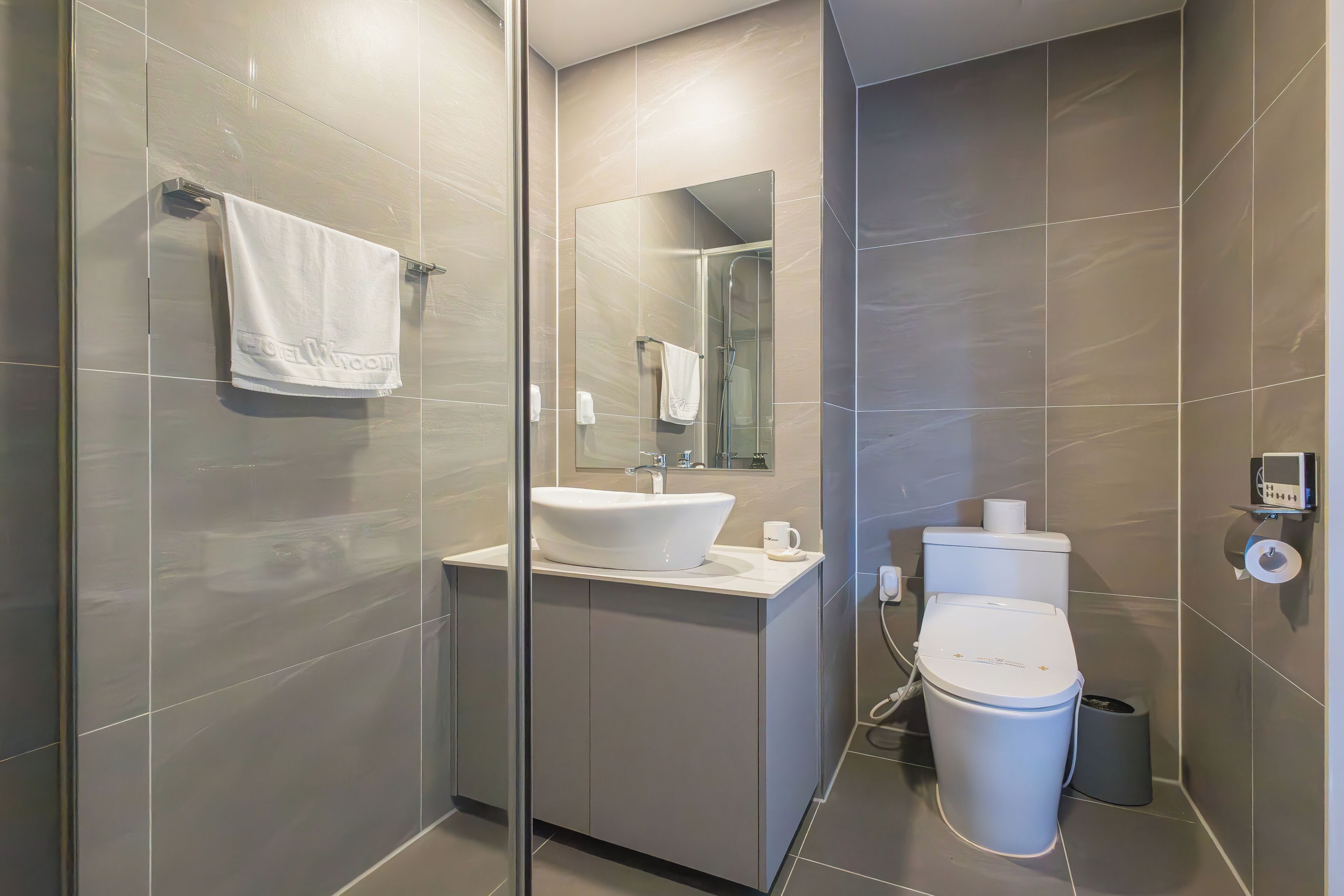 A modern bathroom with a glass shower enclosure, a white sink, and a toilet.