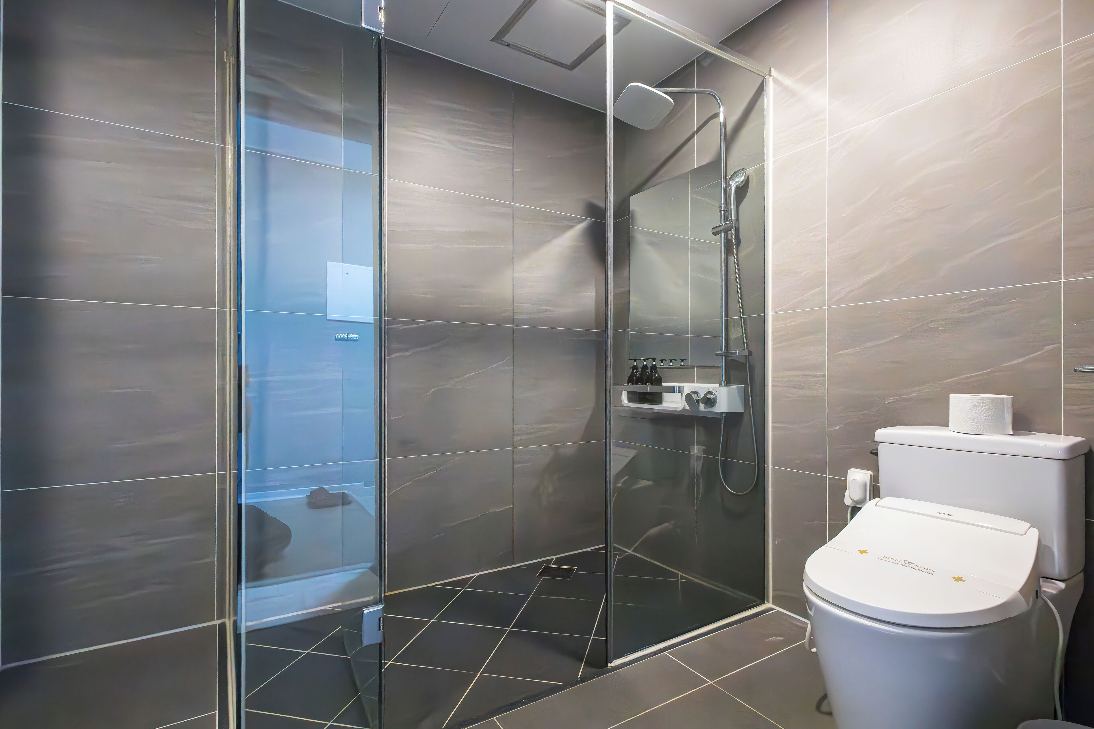 A modern bathroom with a glass-enclosed shower, a toilet, and a vanity with a mirror.