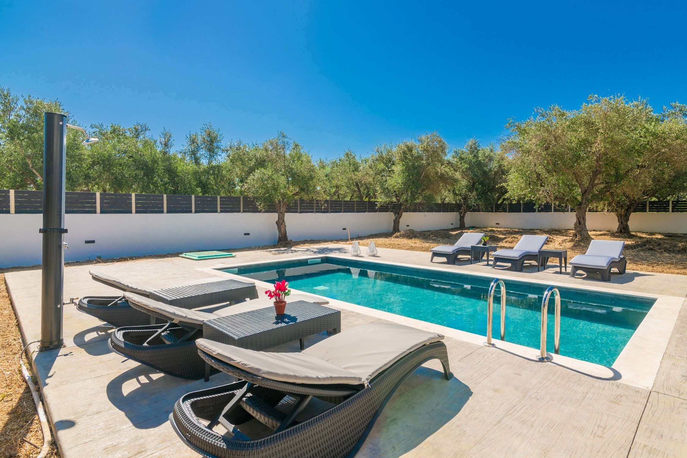 A swimming pool with lounge chairs and a table, surrounded by trees.