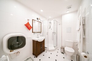 A modern bathroom with a toilet, sink, mirror, and shower.